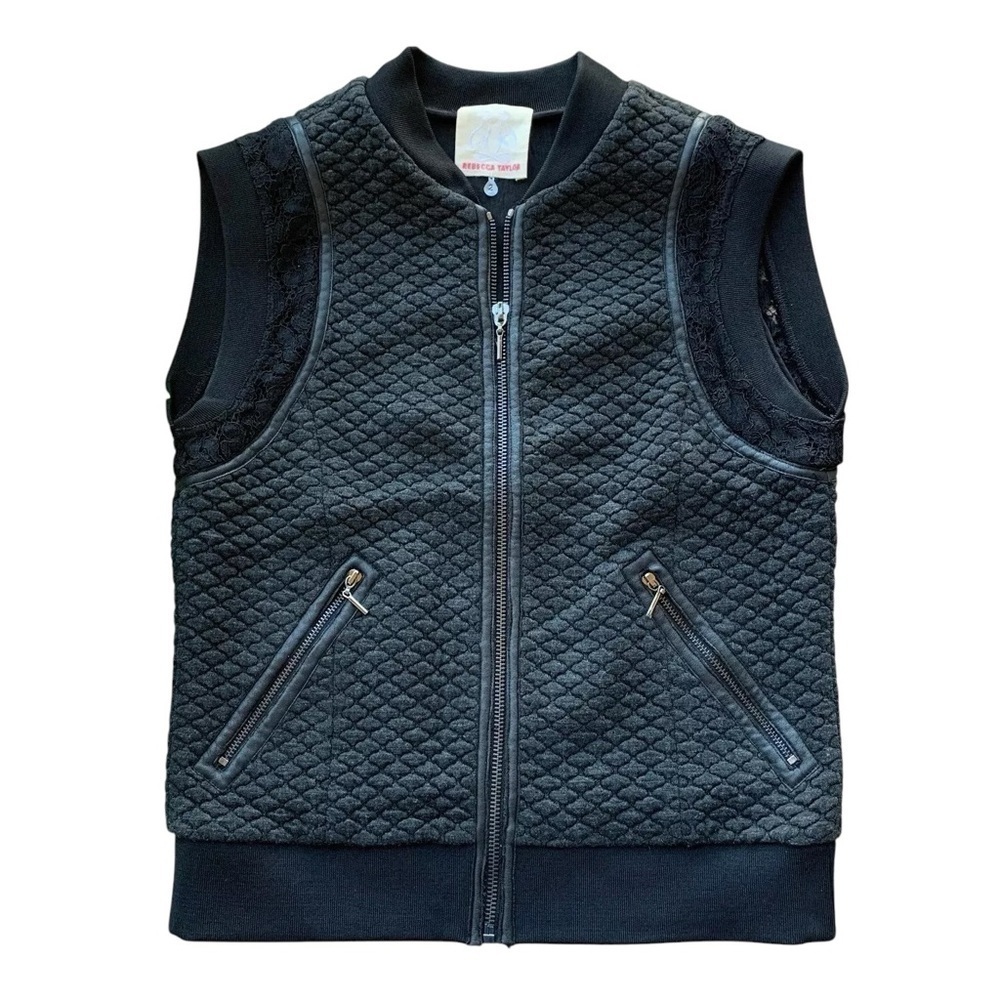 Rebecca Taylor Quilted Lace Leather Trim Zip Sleeveless Vest Jacket Black Size 2